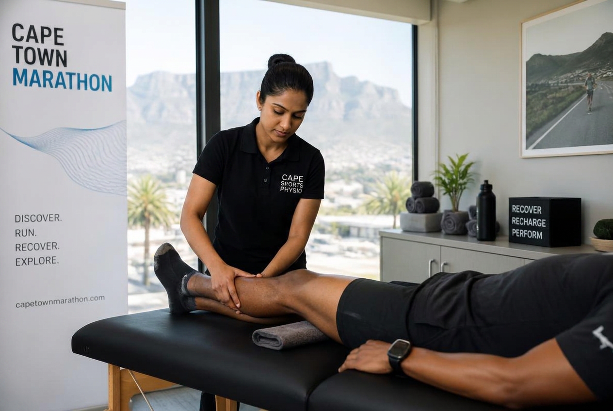 Sports physiotherapist treating a runner with Table Mountain in the background